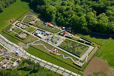 Aerial view, labyrinth, hedge maze, Landesgartenschau Country Garden Exhibition Hemer, Maerkischer Kreis district, Sauerland region, North Rhine-Westphalia, Germany, Europe