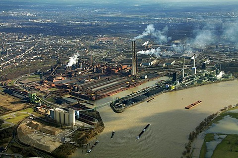 Aerial view, construction site, bulk ships, unloading of coal, ThyssenKrupp Steel, port Walsum, Duisburg, Ruhrgebiet region, North Rhine-Westphalia, Germany, Europe