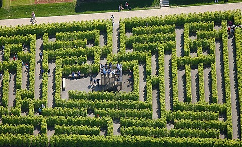 Aerial view, labyrinth, hedge maze, Landesgartenschau Country Garden Exhibition Hemer, Maerkischer Kreis district, Sauerland region, North Rhine-Westphalia, Germany, Europe