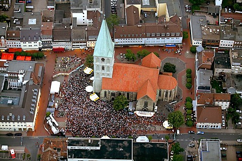 Aerial picture, public screening in front of St. Paul's Church, Football World Cup 2010, the match Germany vs Australia 4-0, Hamm, North Rhine-Westphalia, Germany, Europe