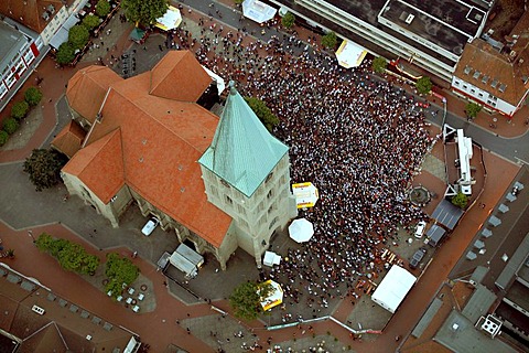 Aerial picture, public screening in front of St. Paul's Church, Football World Cup 2010, the match Germany vs Australia 4-0, Hamm, North Rhine-Westphalia, Germany, Europe