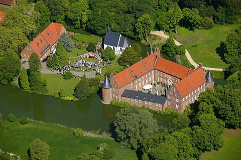 Aerial picture, open air church service on the occasion of the Feast of Corpus Christi, Herten palace gardens, Herten moated castle, Barockpark gardens, Herten, Ruhr Area, North Rhine-Westphalia, Germany, Europe