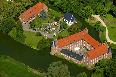 Aerial picture, open air church service on the occasion of the Feast of Corpus Christi, Herten palace gardens, Herten moated castle, Barockpark gardens, Herten, Ruhr Area, North Rhine-Westphalia, Germany, Europe