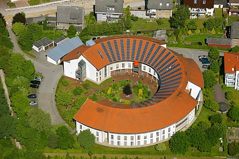 Aerial picture, roof with solar panels, rotunda, Alt-Oer retirement home, Oer-Erkenschwick, Ruhr Area, North Rhine-Westphalia, Germany, Europe