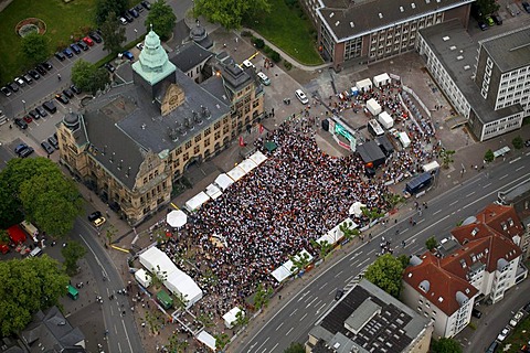 Aerial view, public screening, Football World Cup 2010, the match Germany vs Australia 4-0, Rathausvorplatz square, Recklinghausen, Ruhr Area, North Rhine-Westphalia, Germany, Europe