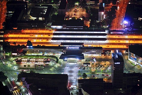 Aerial view, night shot, central station, Extraschicht 2010, night of industrial culture, summer festival of the Kulturhauptstadt Capital of Culture 2010, Bochum, Ruhrgebiet area, North Rhine-Westphalia, Germany, Europe