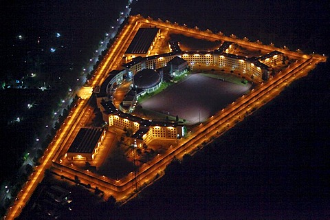 Aerial view, Feldhausen prison, Extraschicht 2010, night of industrial culture, summer festival of the Kulturhauptstadt Capital of Culture 2010, Gelsenkirchen, Ruhrgebiet area, North Rhine-Westphalia, Germany, Europe