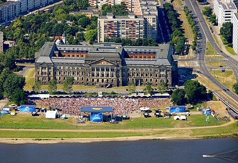 Aerial view, Football World Cup 2010, public screening at the River Elbe, Dresden, Saxony, Germany, Europe