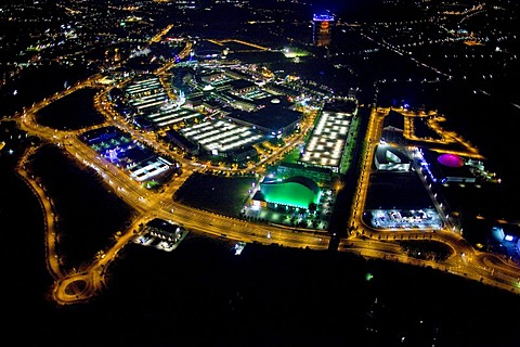 Aerial view, night, new center with gasometer, Centro, new water park, theater at night, Oberhausen, Ruhrgebiet region, North Rhine-Westphalia, Germany, Europe