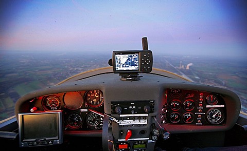 Cockpit of a Dimona H36, motor glider, light aircraft, general aviation, private pilots license, over the Ruhrgebiet region, North Rhine-Westphalia, Germany, Europe