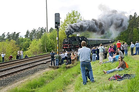 Enthusiasts watching steam train climbing the "Schiefe Ebene" incline near Neuenmarkt, Franconia, Bavaria, Germany, Europe