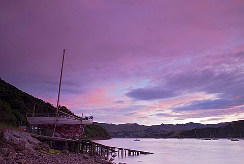 Sunrise over Akaroa Harbor, Banks Peninsula, Canterbury region, South Island, New Zealand