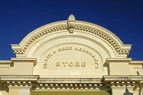 The facade of a typical limestone building in downtown Oamaru, South Island, New Zealand