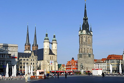 Marktplatz market square with Haendel memorial, Marktkirche church and Roter Turm Tower, Halle, Saxony-Anhalt, Germany, Europe