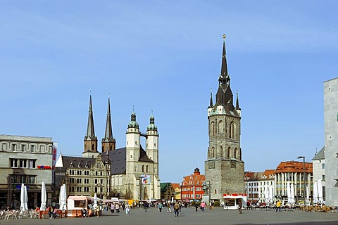 Marktplatz market square with Haendel memorial, Marktkirche church and Roter Turm Tower, Halle, Saxony-Anhalt, Germany, Europe