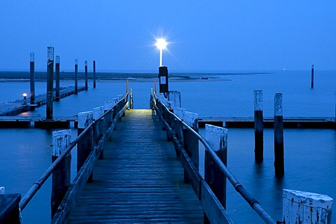 Wooden bridge in the harbor, night, Spiekeroog island, North Sea, Lower Saxony, Germany, Europe