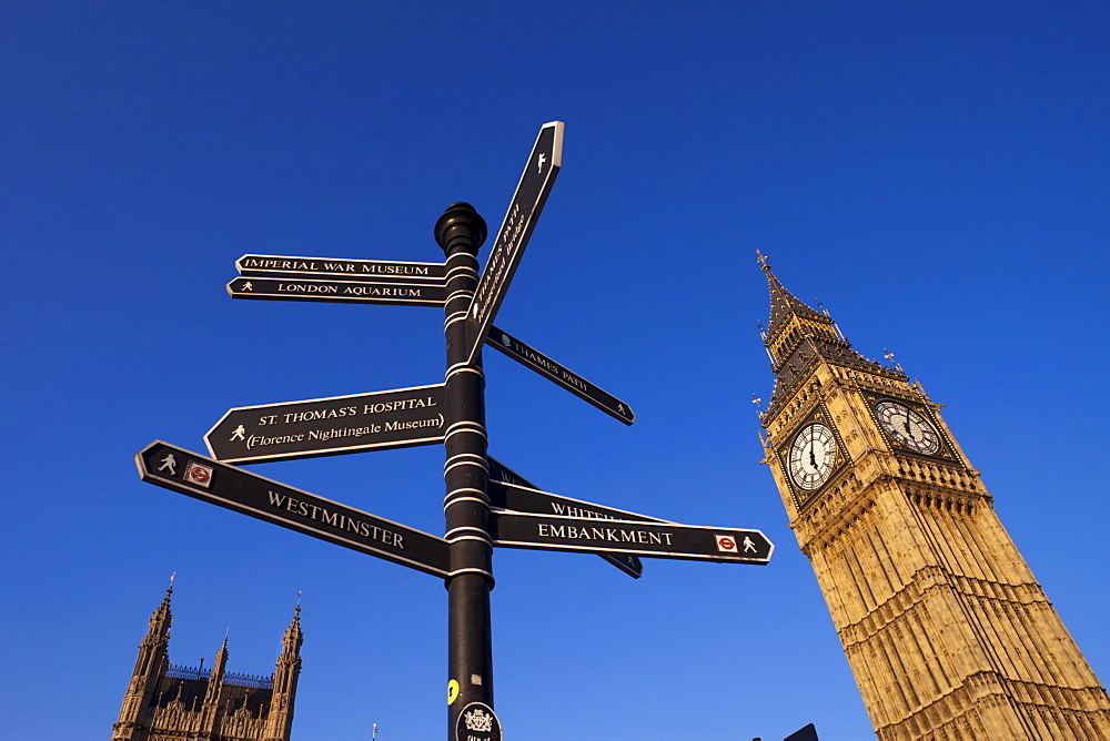 Sign post and Big Ben, Palace of Westminster, London, England, United Kingdom, Europe