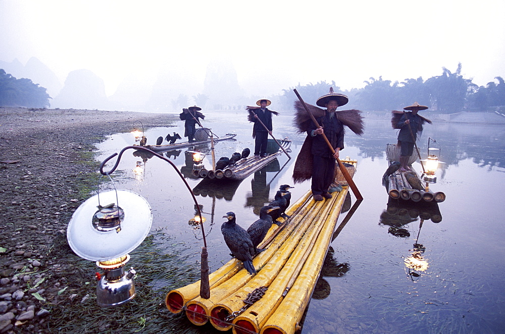 Cormorant fishermen on bamboo rafts on Rvier Li, Guilin, Yangshou, Guangxi Province, China, Asia