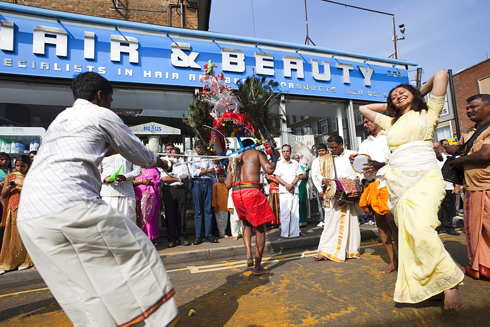 Chariot Festival participant, Shri Kanaga Thurkkai Amman Temple, Ealing, London, England, United Kingdom, Europe