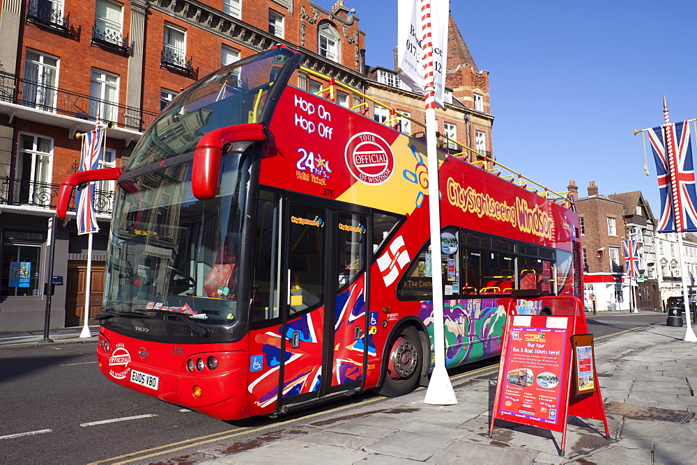 Open top double decker tour bus, Windsor, Berkshire, England, United Kingdom, Europe