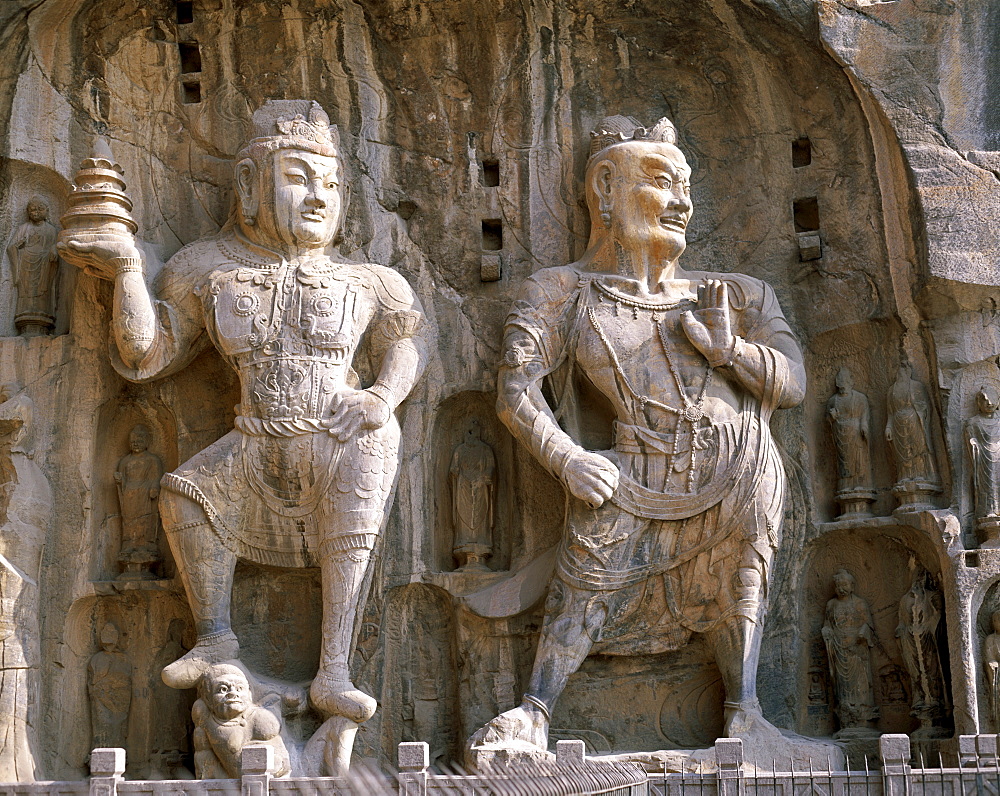 Bodhisattva and Guardian statues, Ancestor Worshipping Temple, Longmen Buddhist Caves dating from the Tang Dynasty, UNESCO World Heritage Site, Luoyang, Henan Province, China, Asia