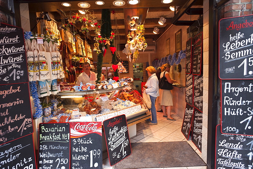 Meat stall, Viktualienmarkt, Munich, Bavaria, Germany, Europe