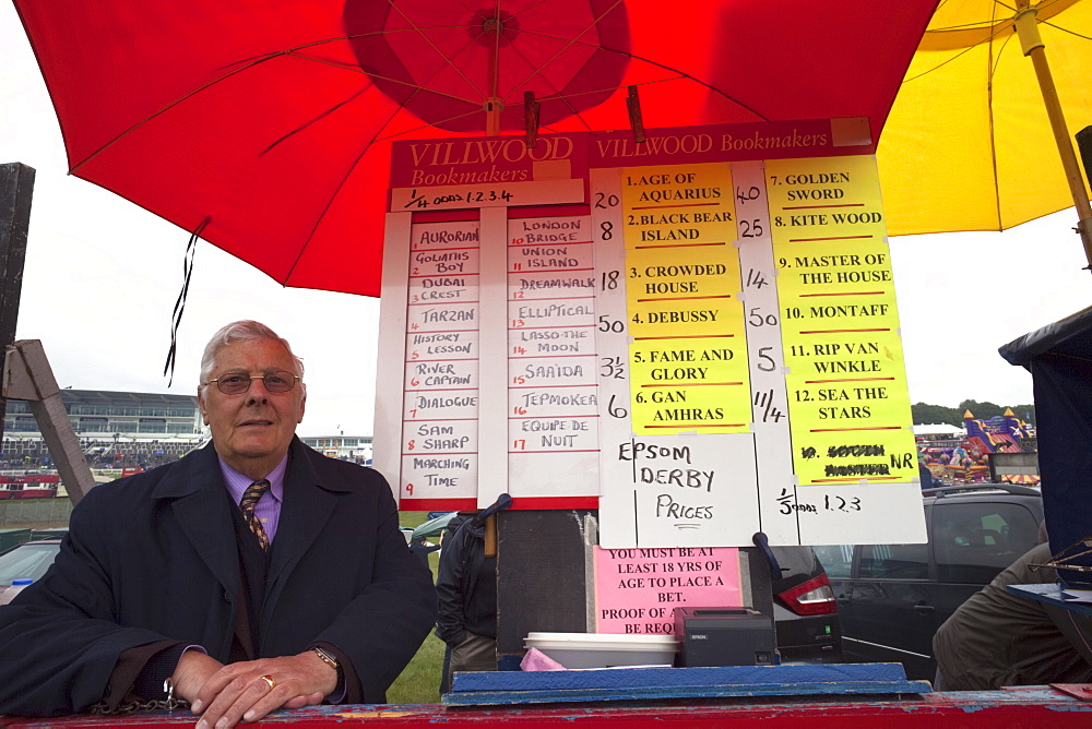 Bookmaker and board,  Annual Epsom Derby Horse Race, Epsom, Surrey, England, United Kingdom, Europe