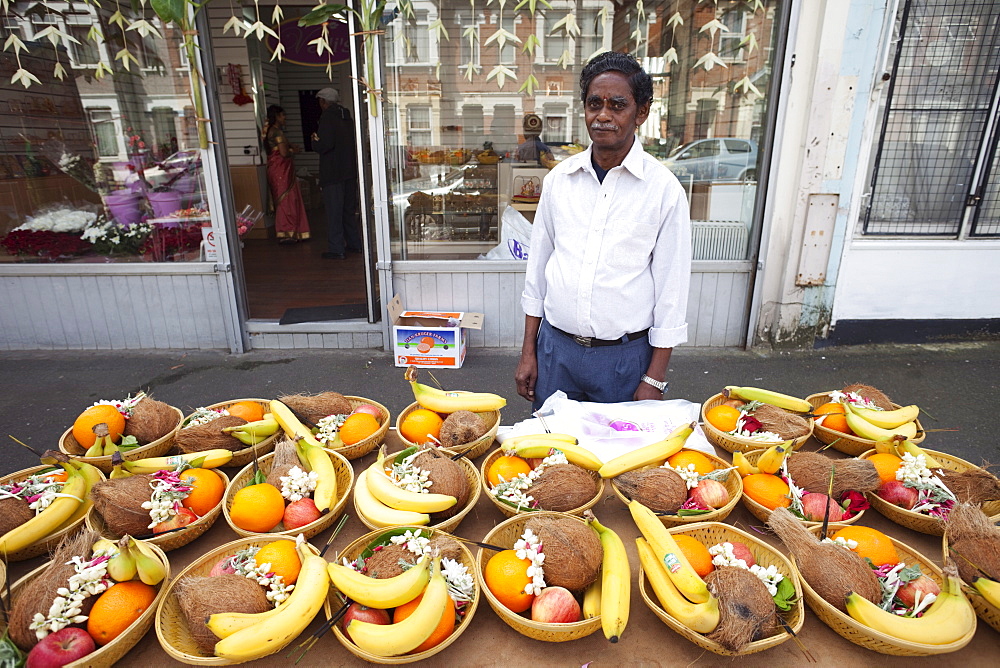 Temple offerings for sale near Sri Murugan Temple, Manor Park, London, England, United Kingdom, Europe