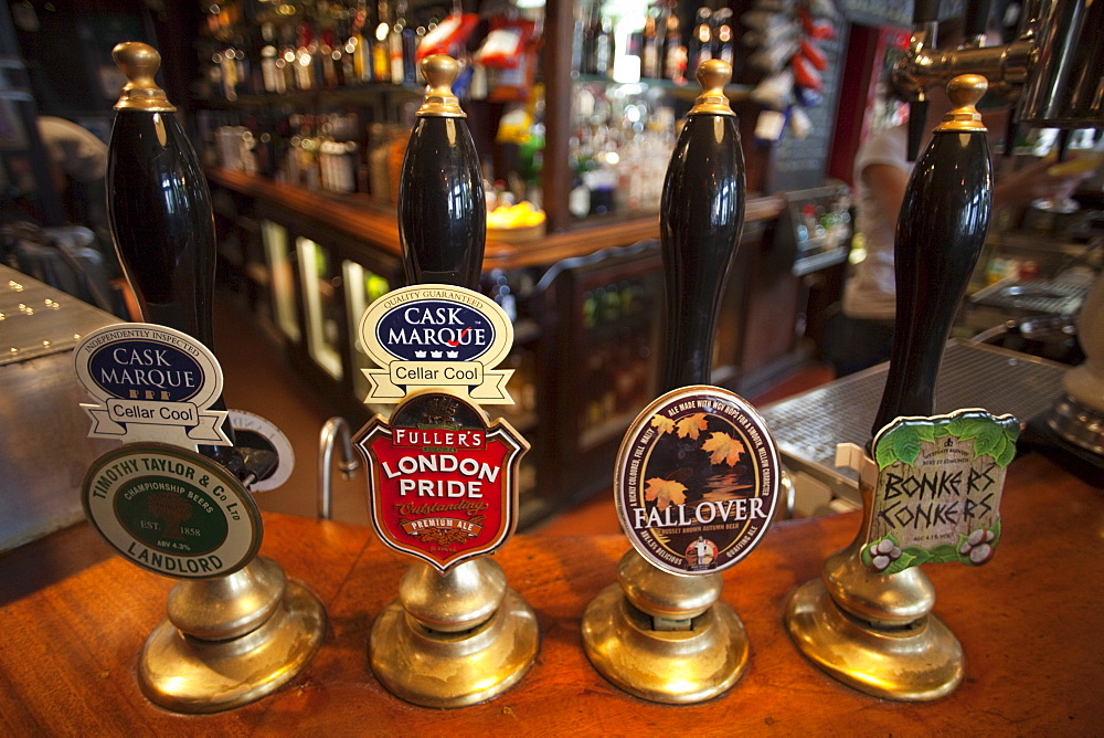 Beer pump handles, London, England, United Kingdom, Europe