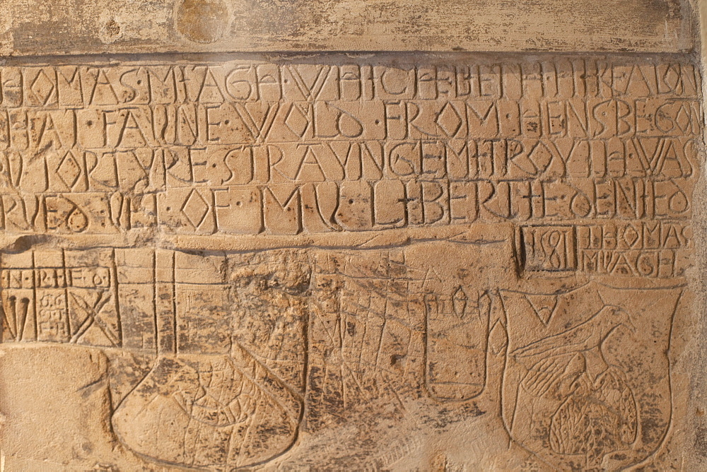 Graffiti by prisoners in the Beauchamp Tower, Tower of London, UNESCO World Heritage Site, London, England, United Kingdom, Europe