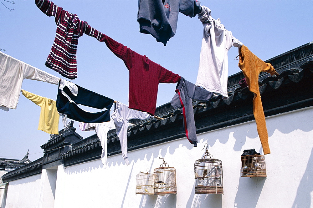 Chinese laundry, washing on poles, Beijing, China, Asia