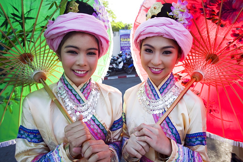 Girls in hilltribe costume, Chiang Mai Flower Festival, Chiang Mai, Thailand, Southeast Asia, Asia