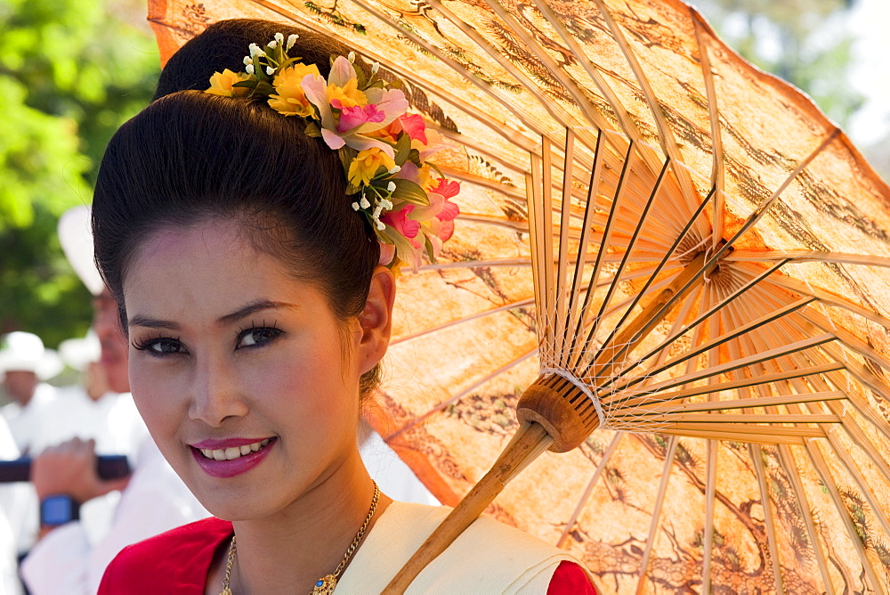 Portrait of a young woman in traditional Thai dress, Chiang Mai Flower Festival, Chiangmai, Thailand, Southeast Asia, Asia