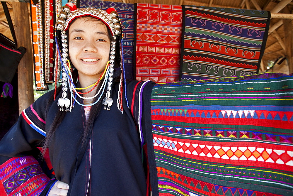 Akha hilltribe girl from the Golden Triangle wearing traditional costume, Chiang Mai, Thailand, Southeast Asia, Asia