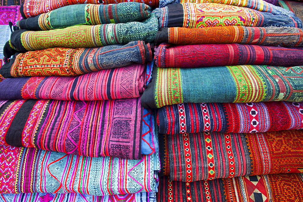 Hilltribe woven material on display at Sunday Street Market, Chiang Mai, Thailand, Southeast Asia, Asia