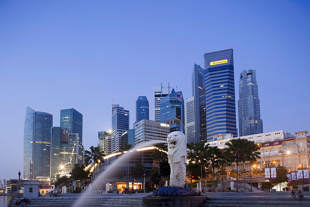 Merlion statue and city skyline, Singapore, Southeast Asia, Asia