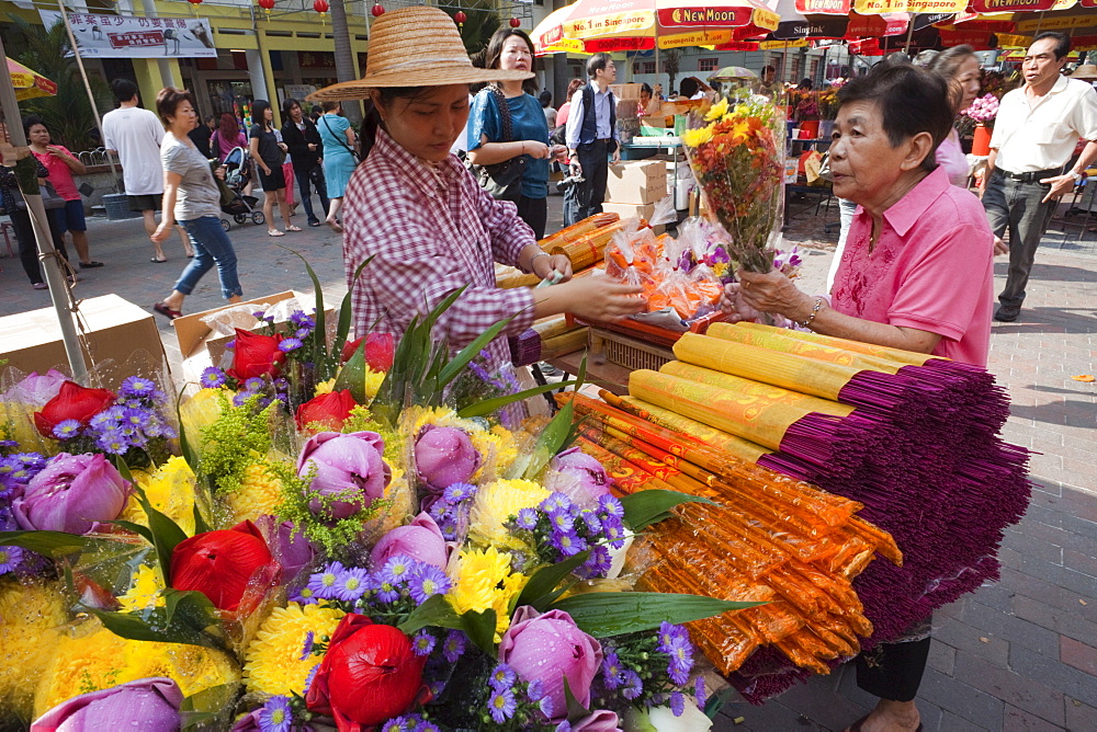 Flower and incense stall, Chinatown, Singapore, Southeast Asia, Asia