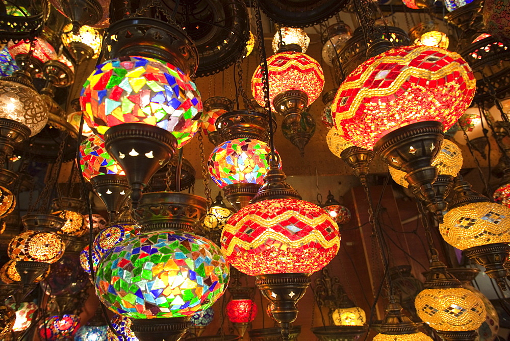 Glass lamp shop display, Grand Bazaar, Sultanahmet, Istanbul, Turkey, Europe