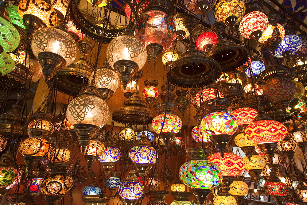 Glass lamp shop display, Grand Bazaar, Sultanahmet, Istanbul, Turkey, Europe