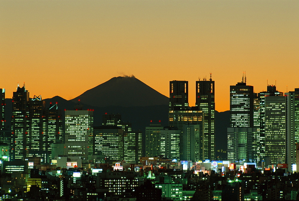 City skyline and Mount Fuji at night, Tokyo, Honshu, Japan, Asia