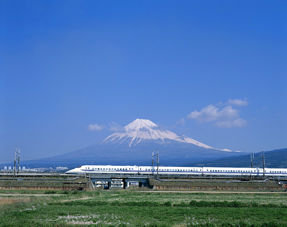 Mount Fuji and Bullet Train (Shinkansen), Honshu, Japan, Asia