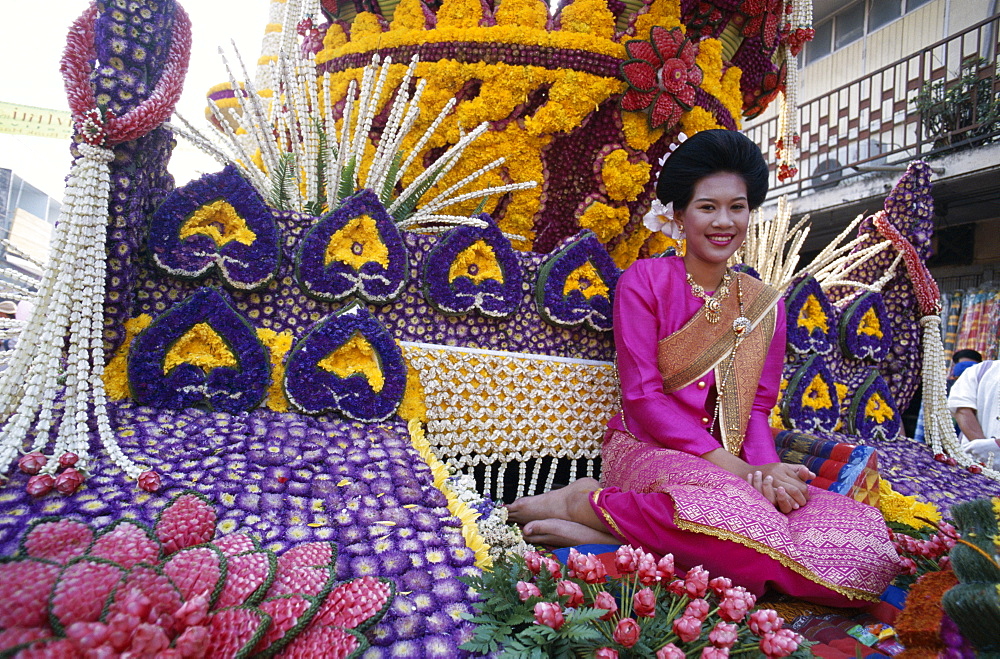 Woman dressed in traditional costume on a floral float, Flower Festival, Chiang Mai, Thailand, Southeast Asia, Asia