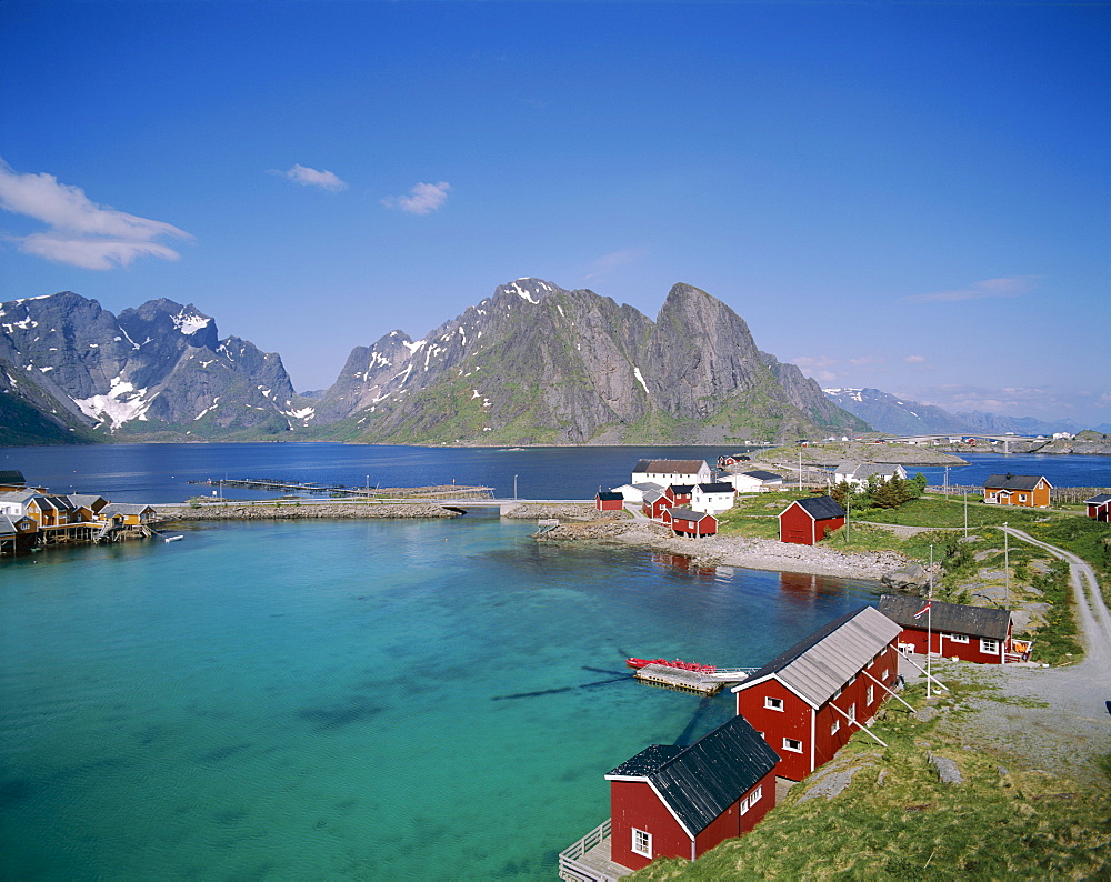 View of town with fishermens cabins (Rorbus), Sakrisoy, Lofoten Islands, Norway, Scandinavia, Europe