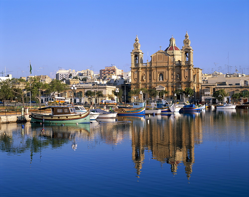 Town skyline, St. Joseph Church and harbour, Msida, Malta, Mediterranean, Europe