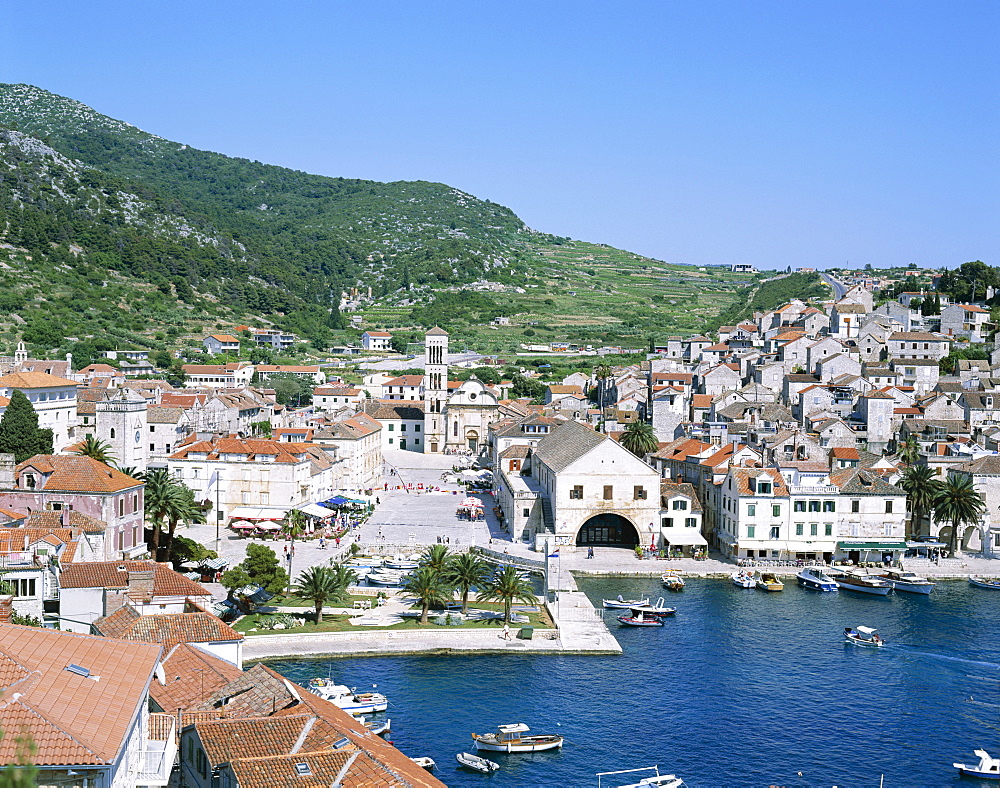 Town skyline and harbour, Hvar, Hvar Island, Adriatic Islands, Croatia, Europe