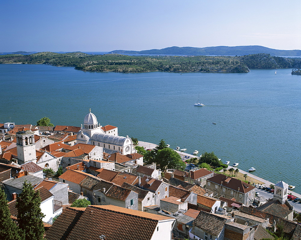 City skyline and rooftops including Cathedral of St. James, UNESCO World Heritage Site, Sibenik, Dalmatian Coast, Croatia, Europe