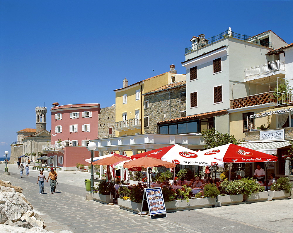 Waterfront cafes, Piran, Primorska Region, Slovenia, Europe