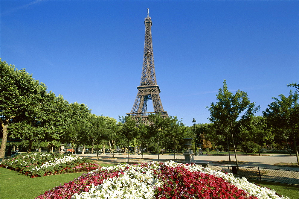 Eiffel Tower (Tour Eiffel) with spring flowers, Paris, France, Europe