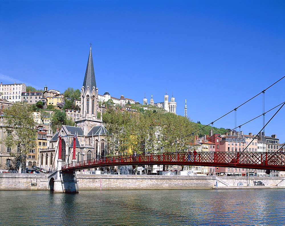 City skyline with Pont Bonaparte and Saone River, Lyon, Rhone Valley, France, Europe