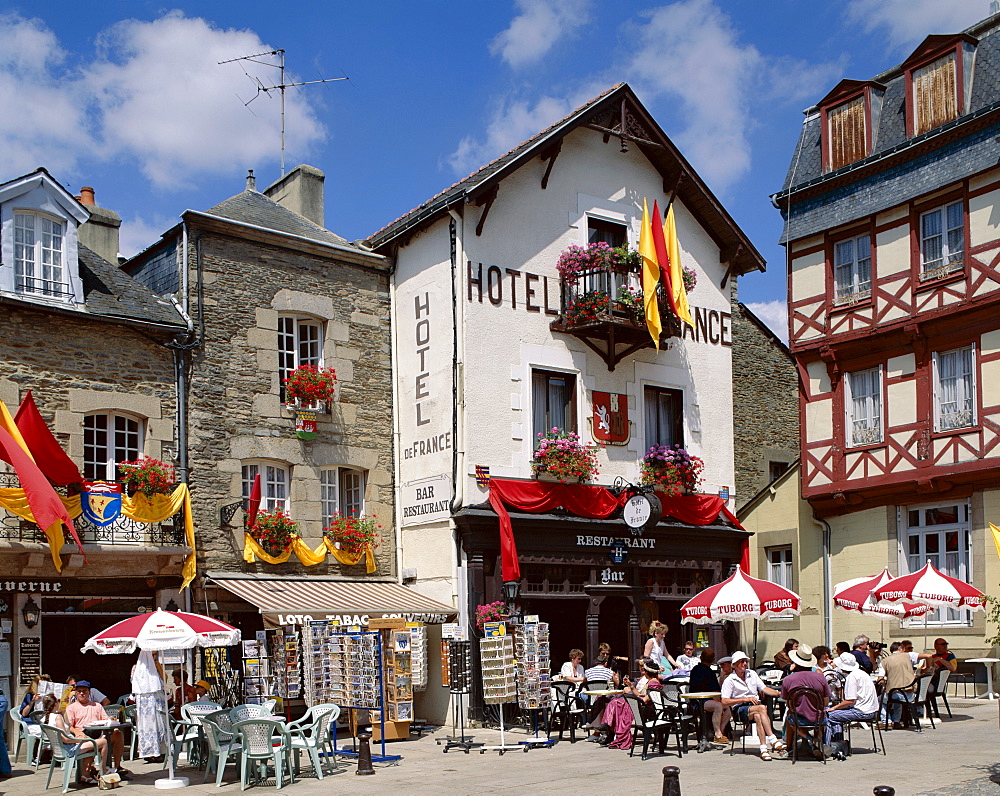 Outdoor cafes, Main Square, Josselin, Brittany, France, Europe